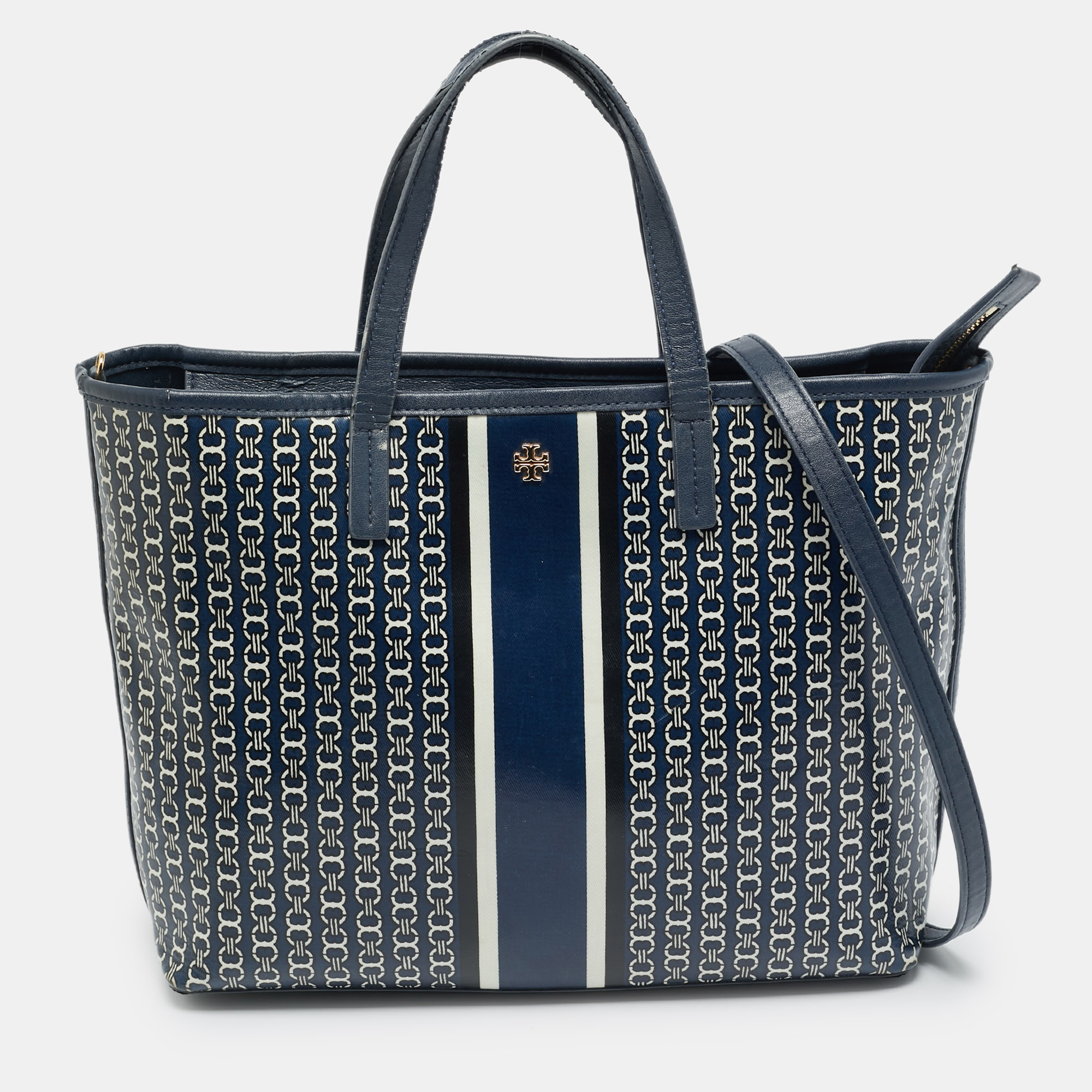 

Tory Burch Gemini Link Blue Coated Canvas and Leather Top Zip Tote