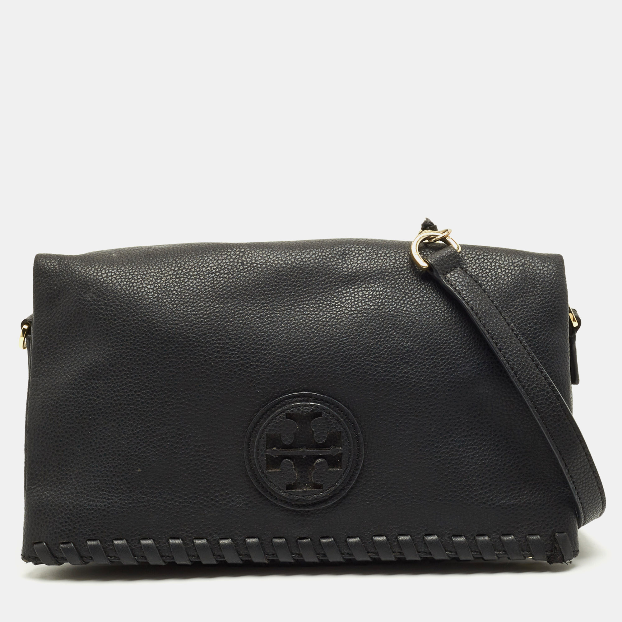 

Tory Burch Whipstitch Fold Over Black Leather Crossbody Bag