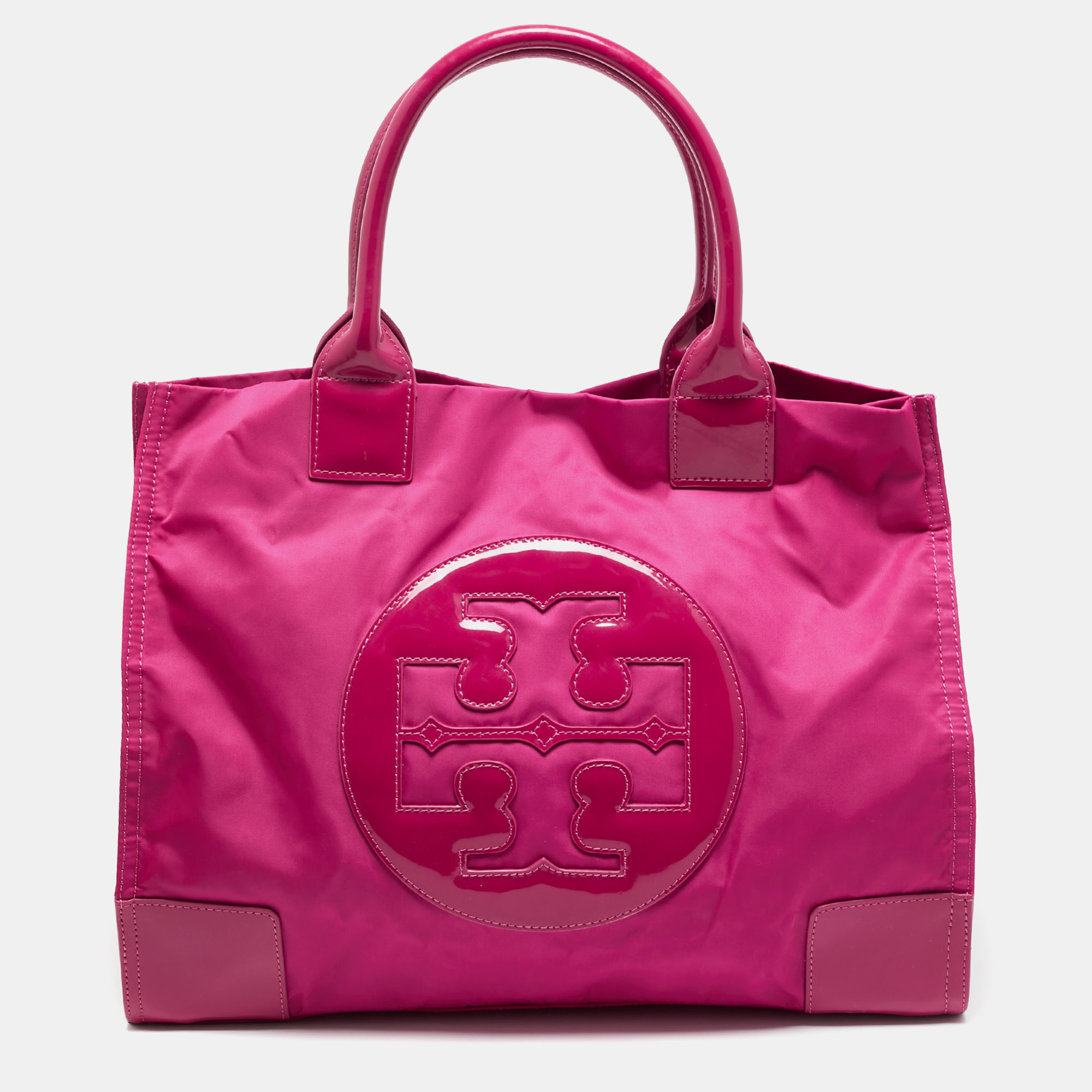 Pre-owned Tory Burch Ella Large Pink Nylon And Patent Leather Tote