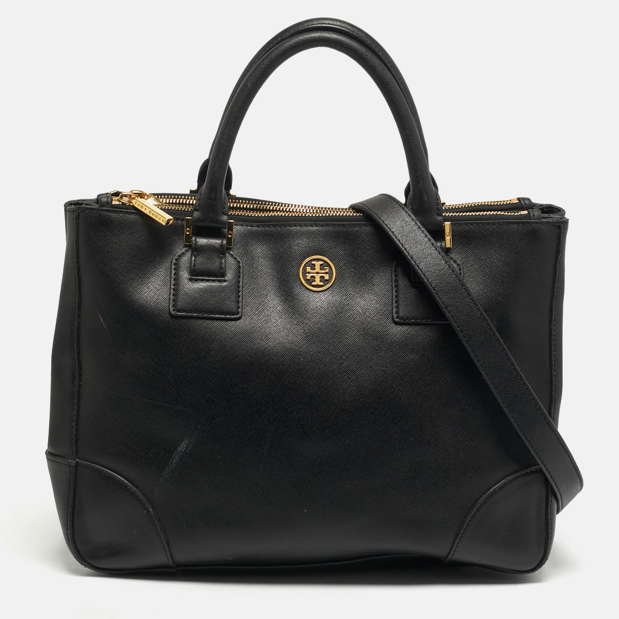 

Tory Burch Robinson Double Zip Large Black Leather Tote