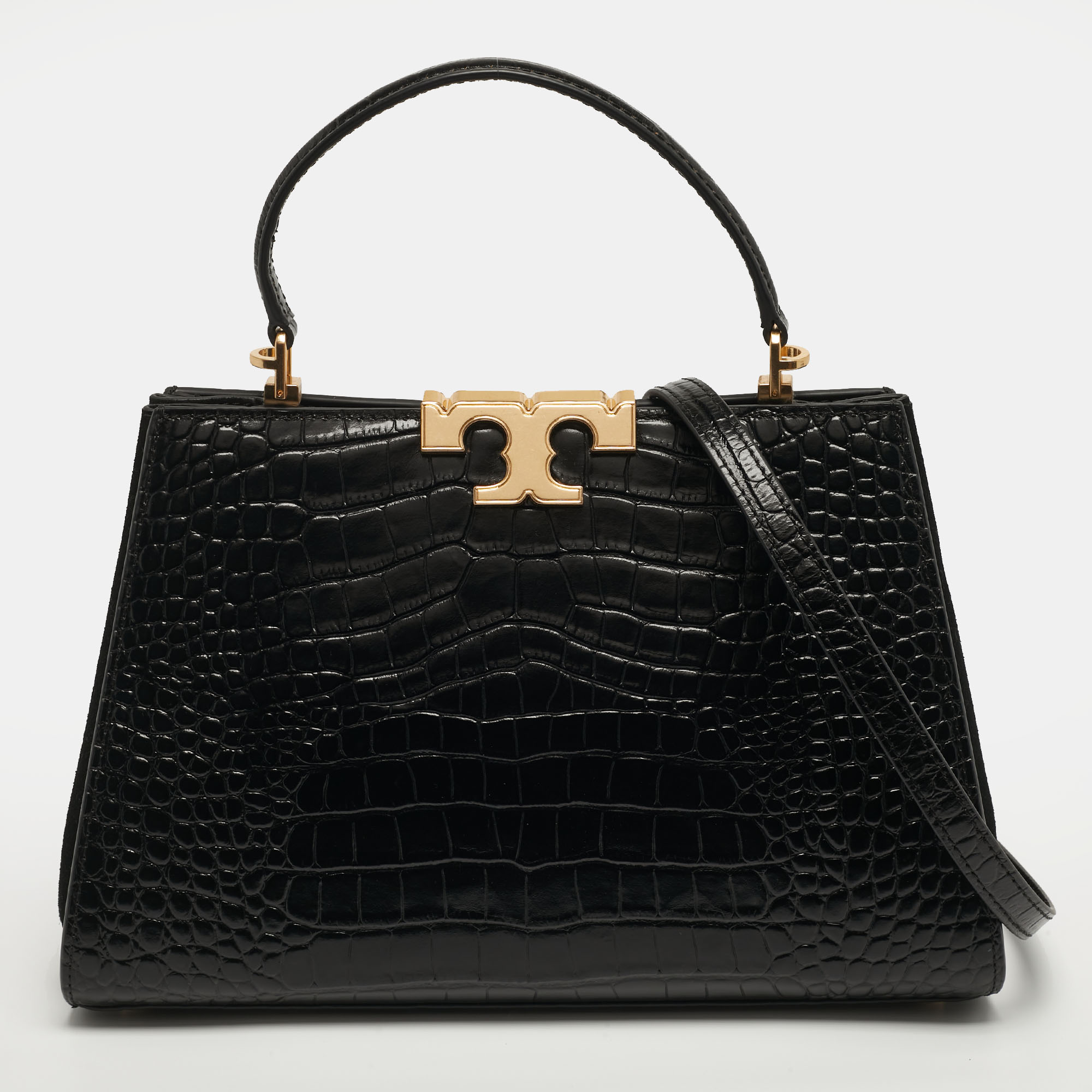 

Tory Burch Eleanor Black Croc Embossed Leather Top Handle Bag