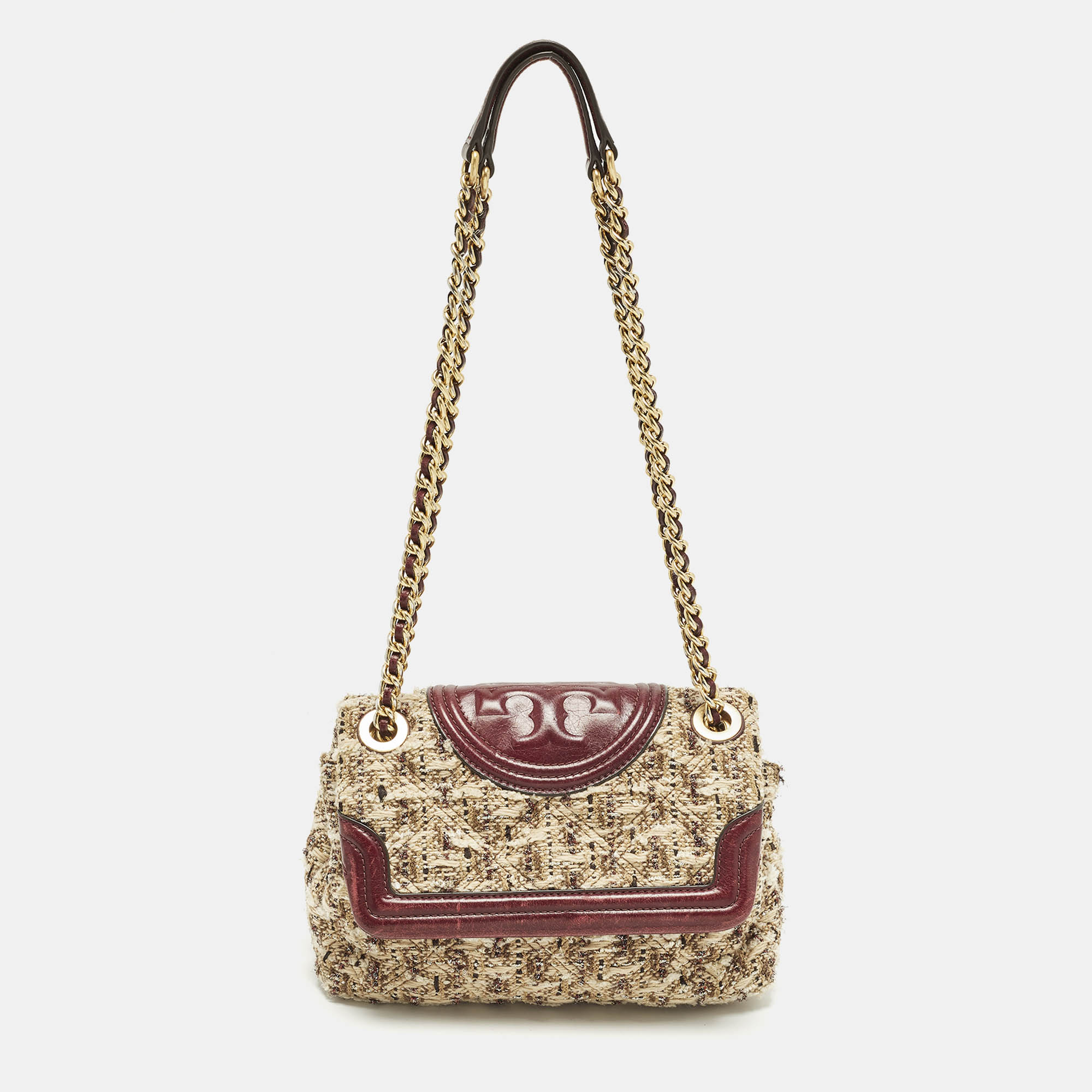 

Tory Burch Fleming Flap Small Burgundy/Beige Quilted Leather and Tweed Shoulder Bag