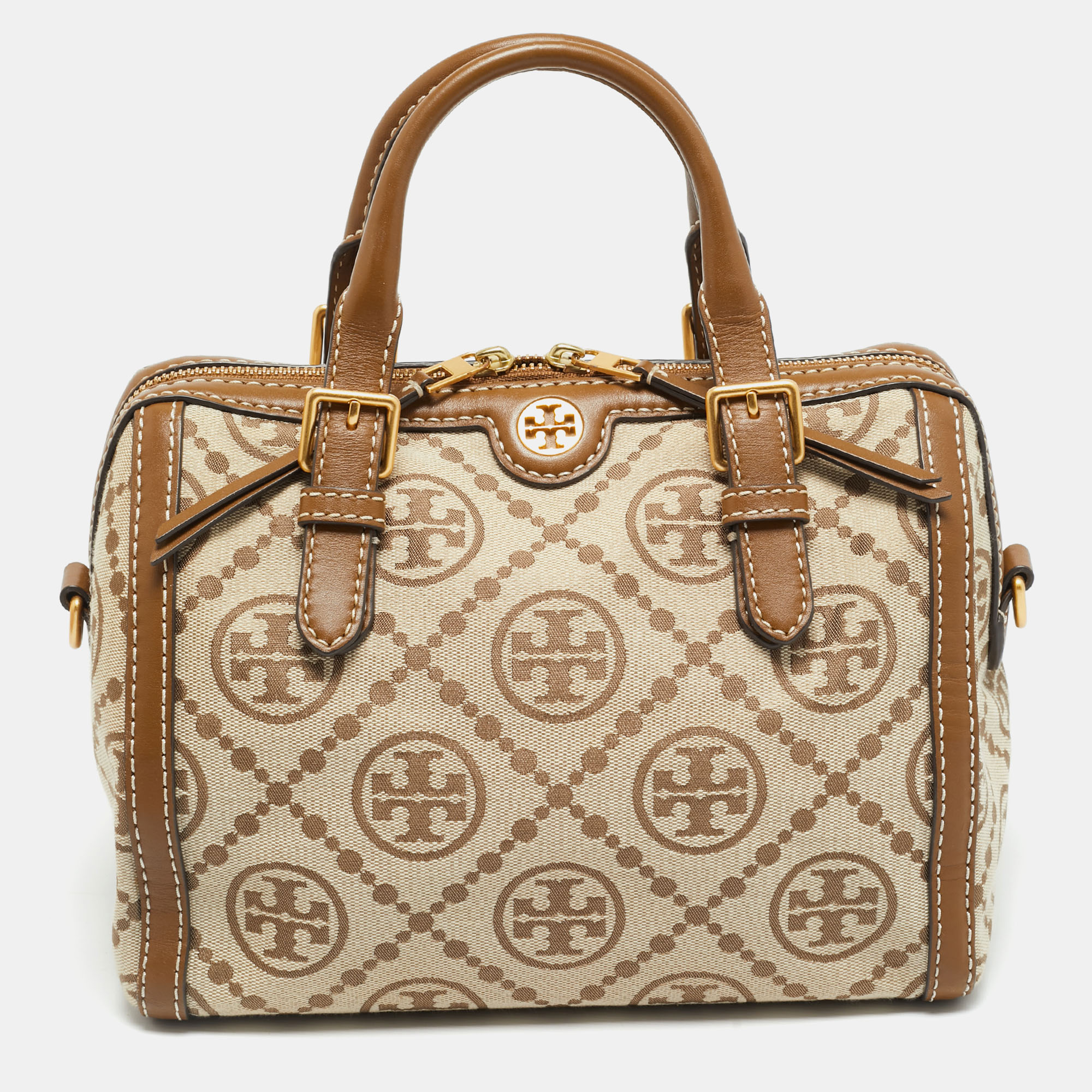 Pre-owned Tory Burch T Monogram Jacquard Tan/beige Canvas And Leather Duffel Bag In Brown