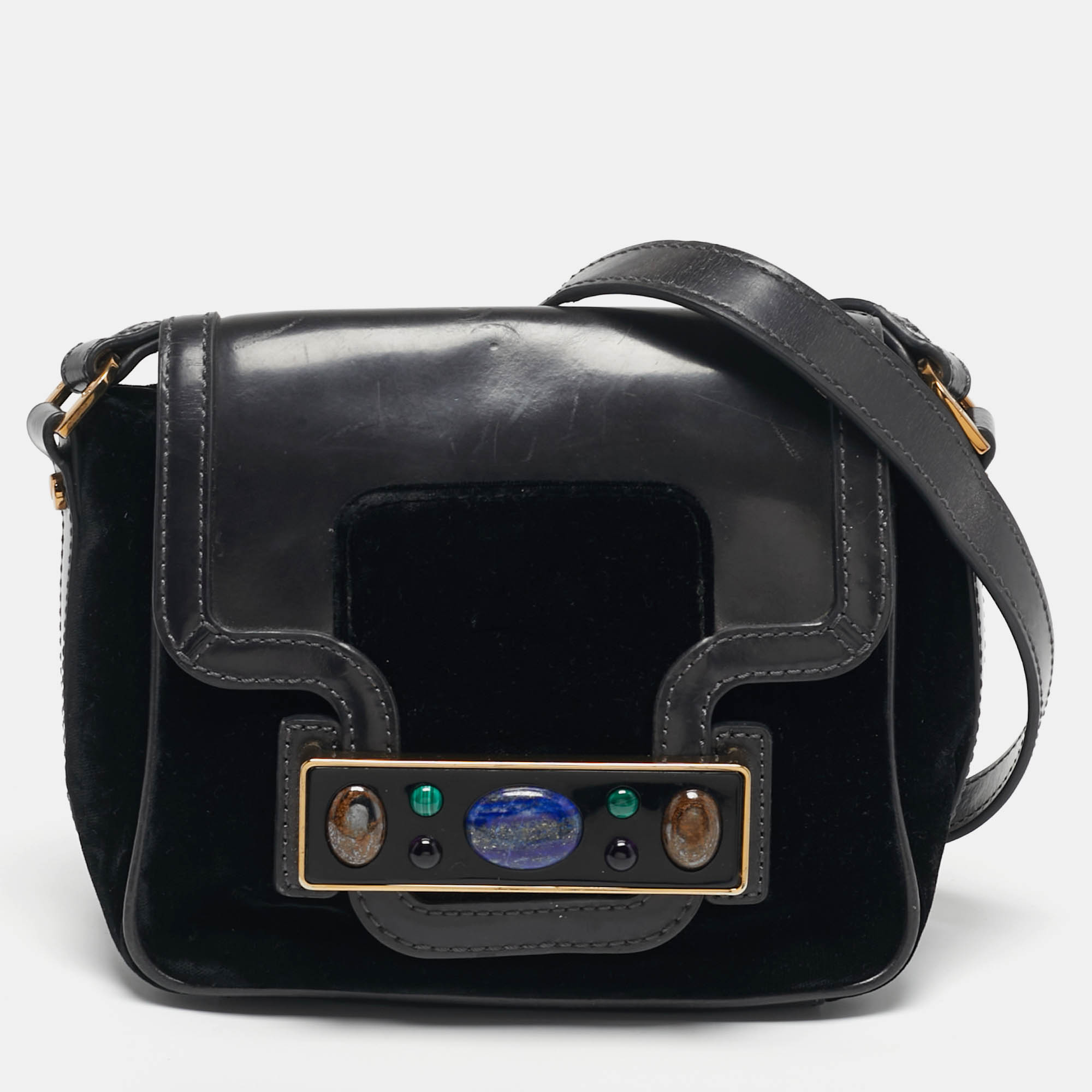 

Tory Burch Crystal Embellished Black Leather and Velvet Flap Crossbody Bag