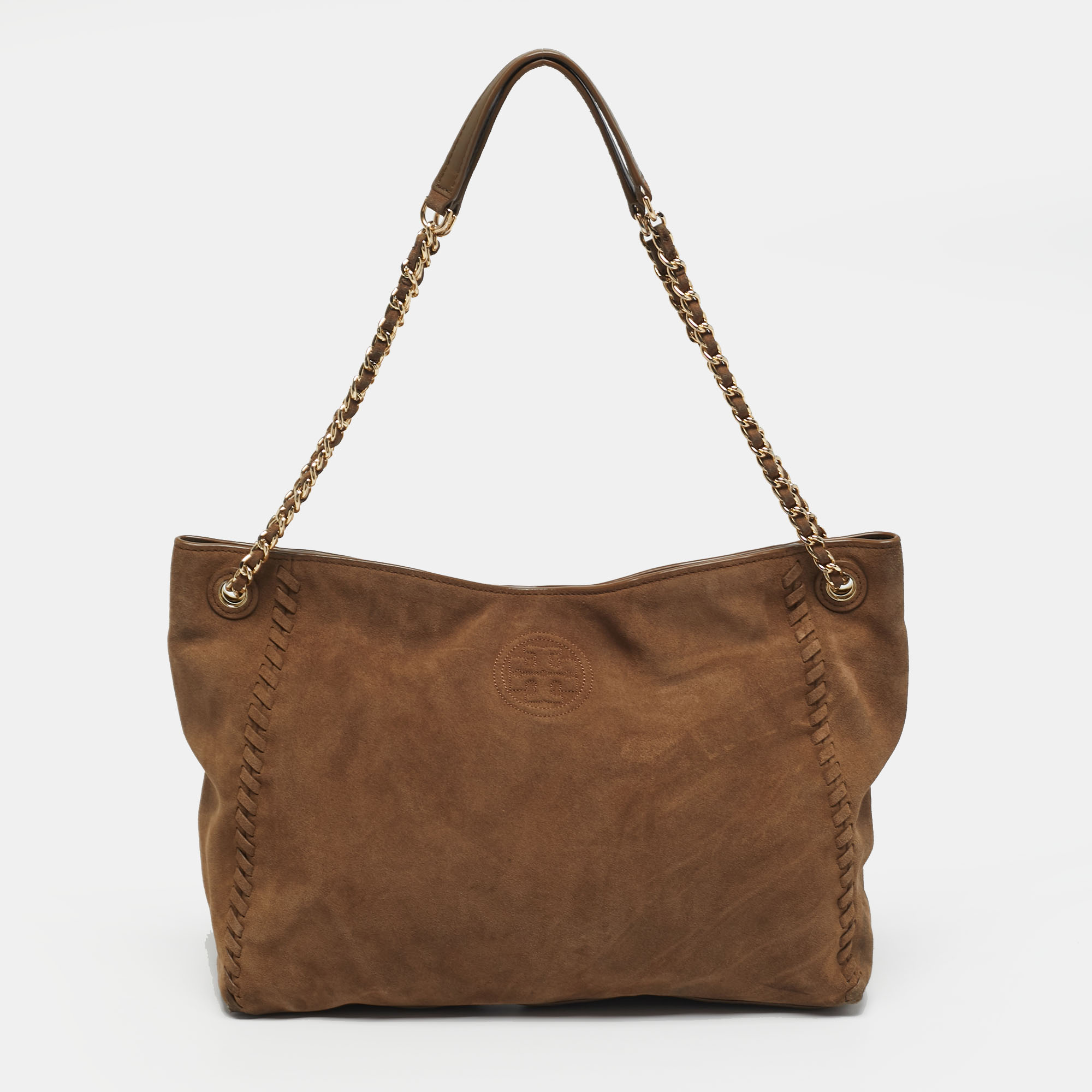 

Tory Burch Marion Whipstitch Brown Suede Chain Tote