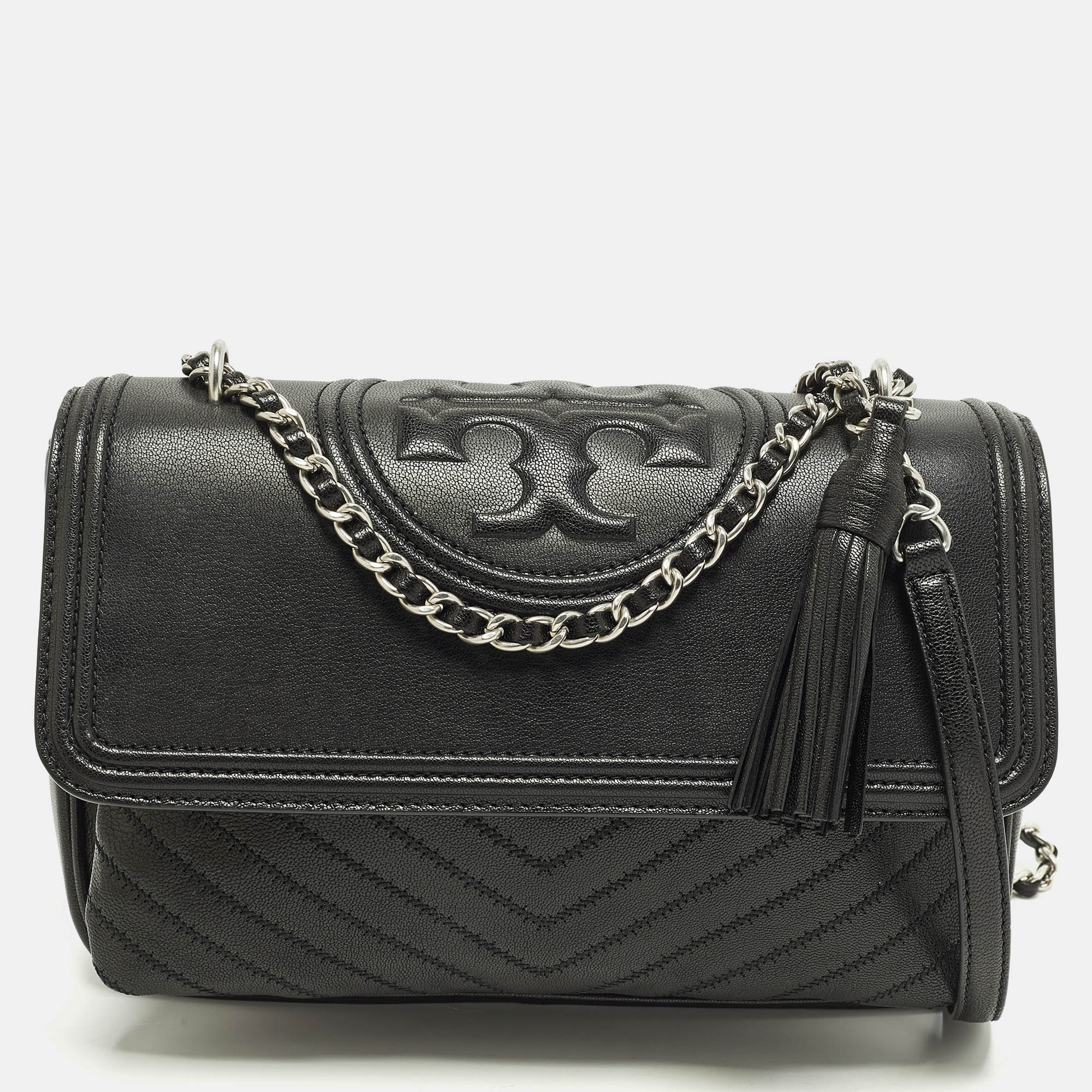 

Tory Burch Fleming Black Leather Distressed Flap Shoulder Bag