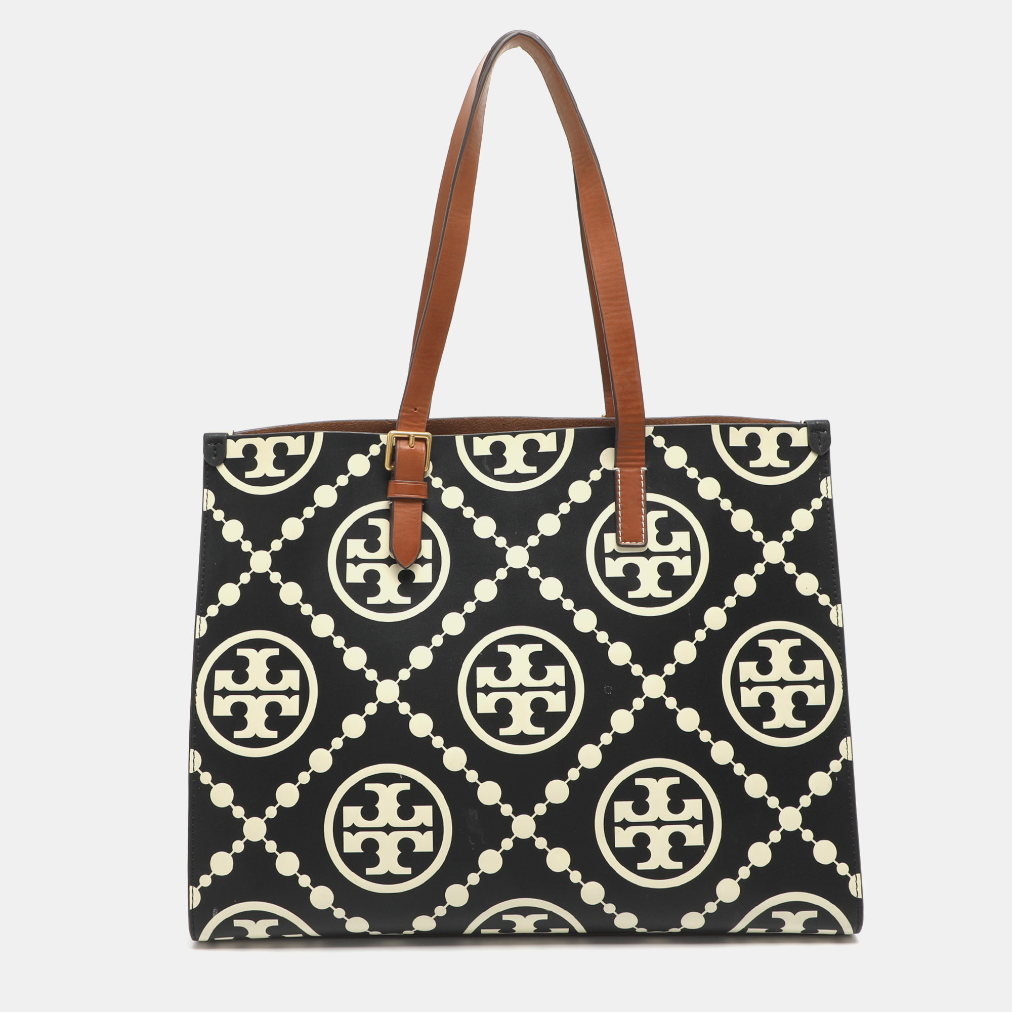 

Tory Burch Monogram T Embossed Black/Off White Leather Contrast Tote