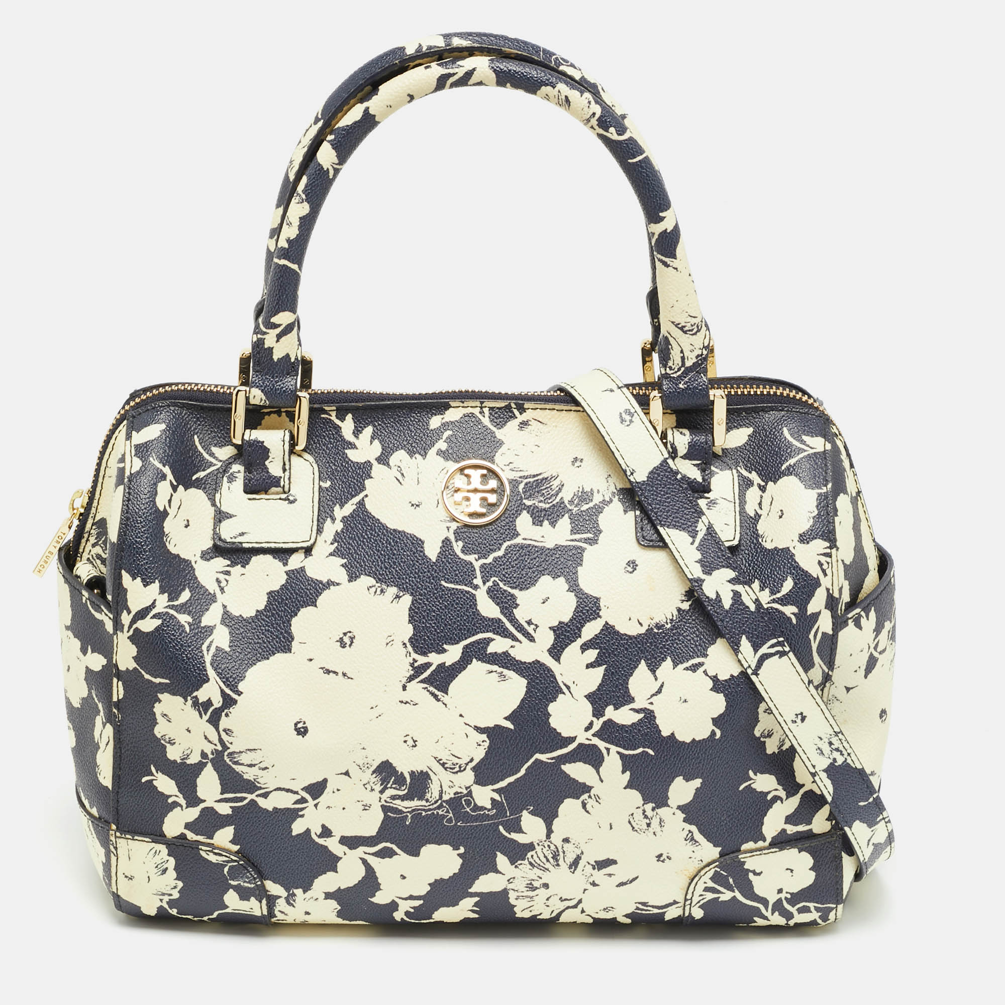 

Tory Burch Robinson Navy Blue/Cream Floral Print Coated Canvas Satchel