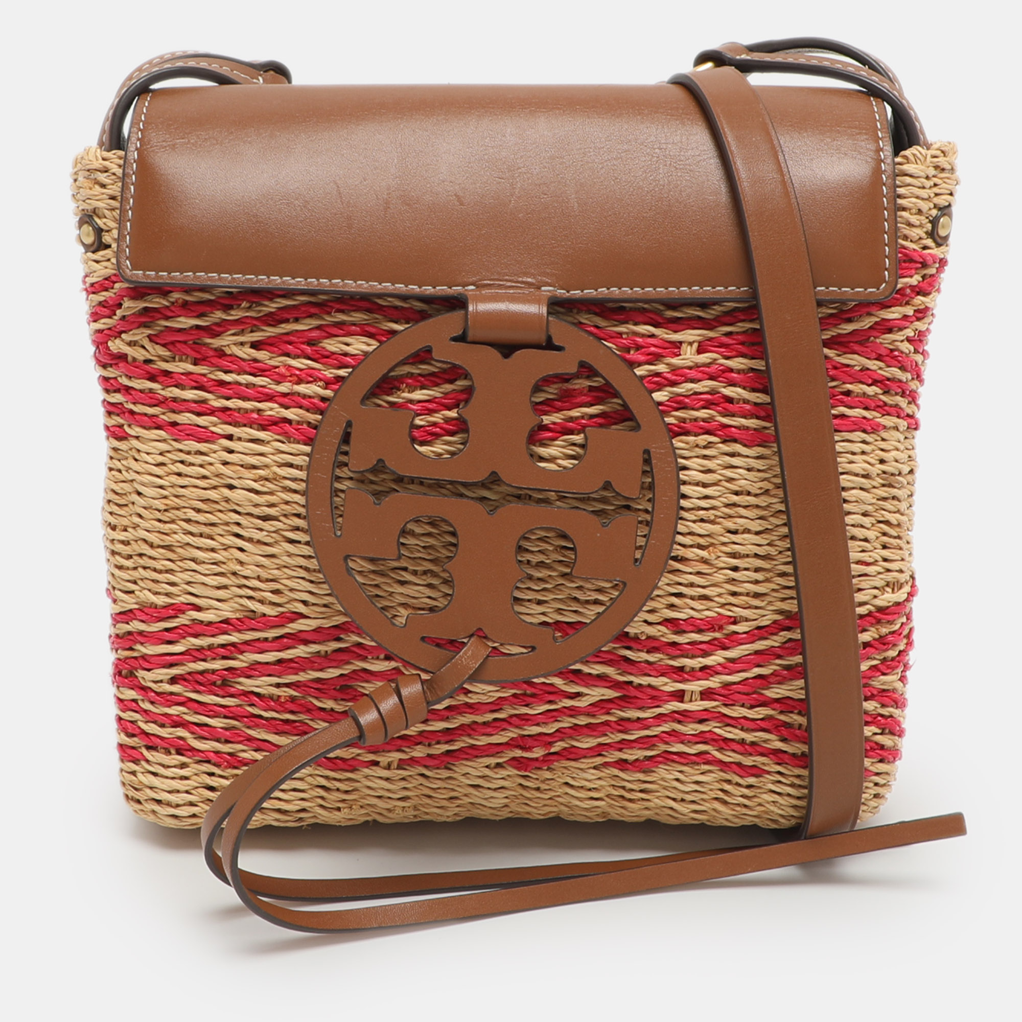 

Tory Burch Miller Beige/Pink Leather and Straw Flap Crossbody Bag