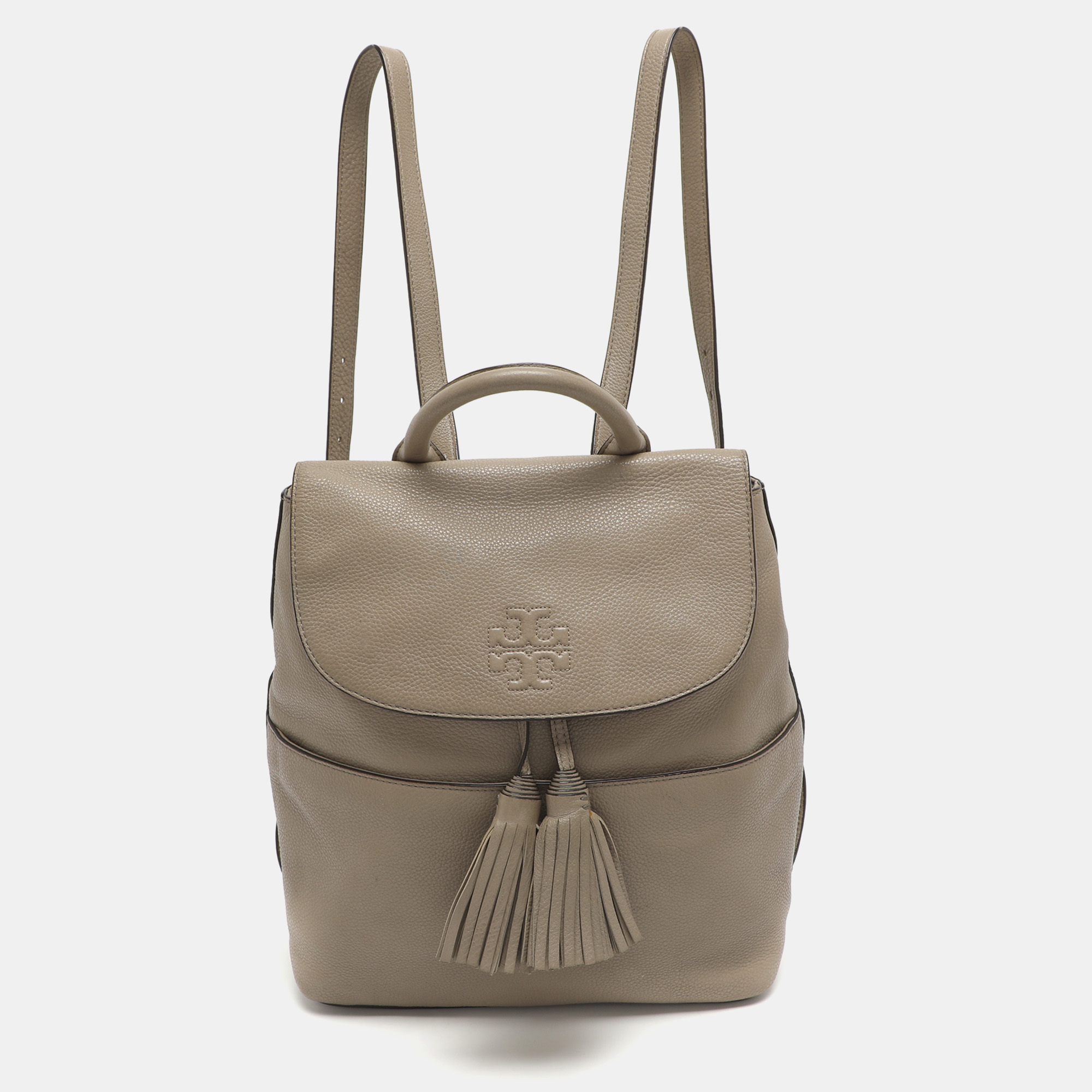 

Tory Burch Grey Leather Logo Flap Tassel Backpack