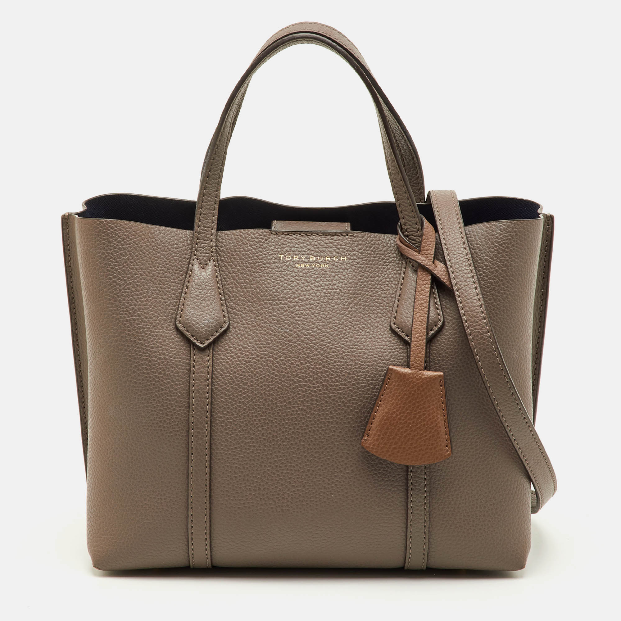 

Tory Burch Perry Triple-Compartment Small Taupe Leather Tote, Brown