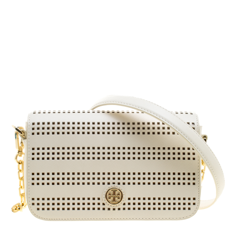 Tory Burch Off White Perforated Leather Robinson Flap Crossbody Bag Tory  Burch