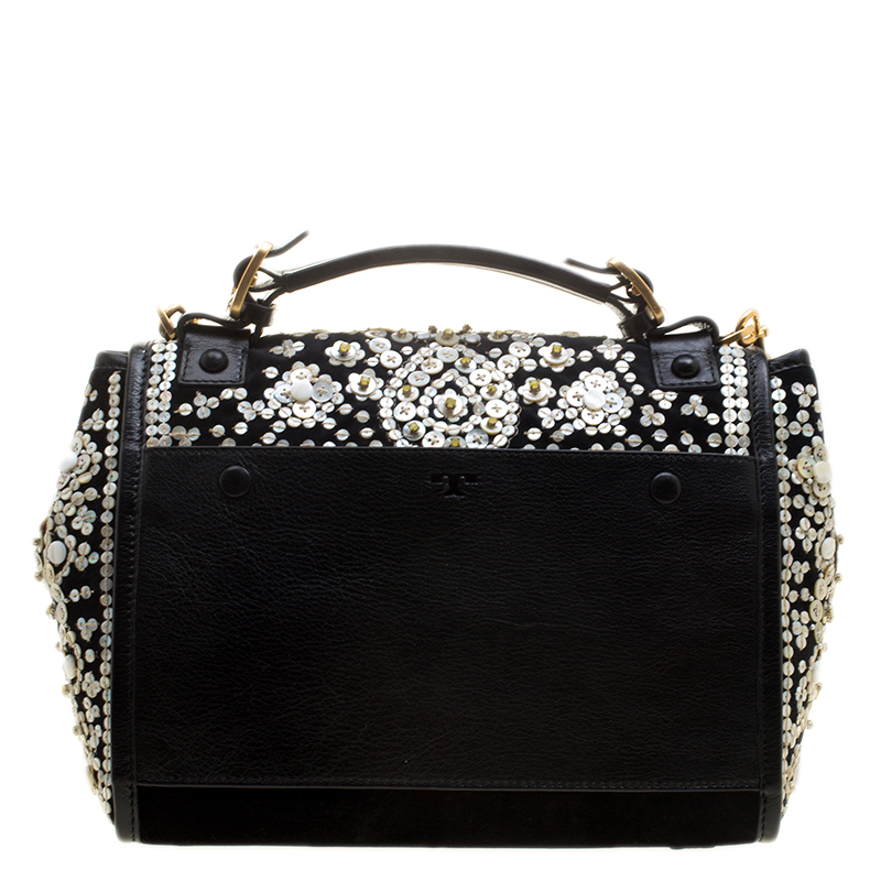 Tory Burch Black Velvet and Leather Embellished Sawyer Top Handle