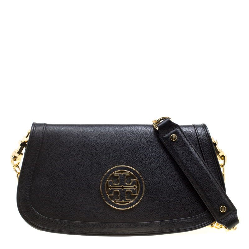 Pre Owned Tory Burch Black Leather Reva Logo Crossbody Bag