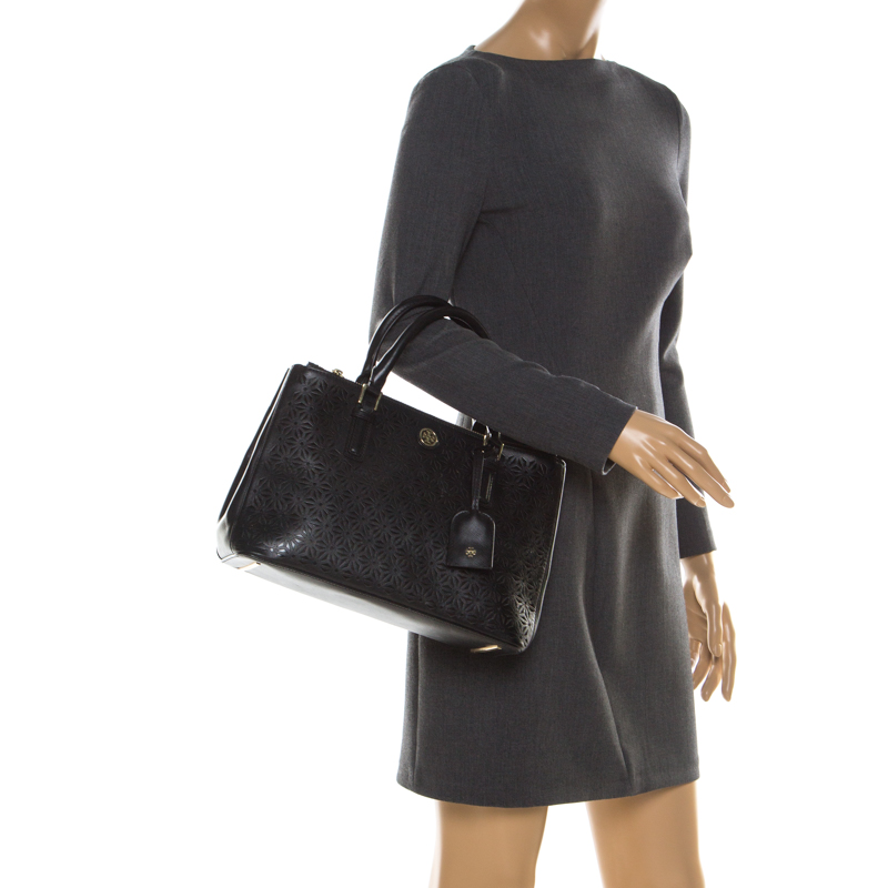 

Tory Burch Black Floral Laser Cut Leather Double Zip Robinson Tote