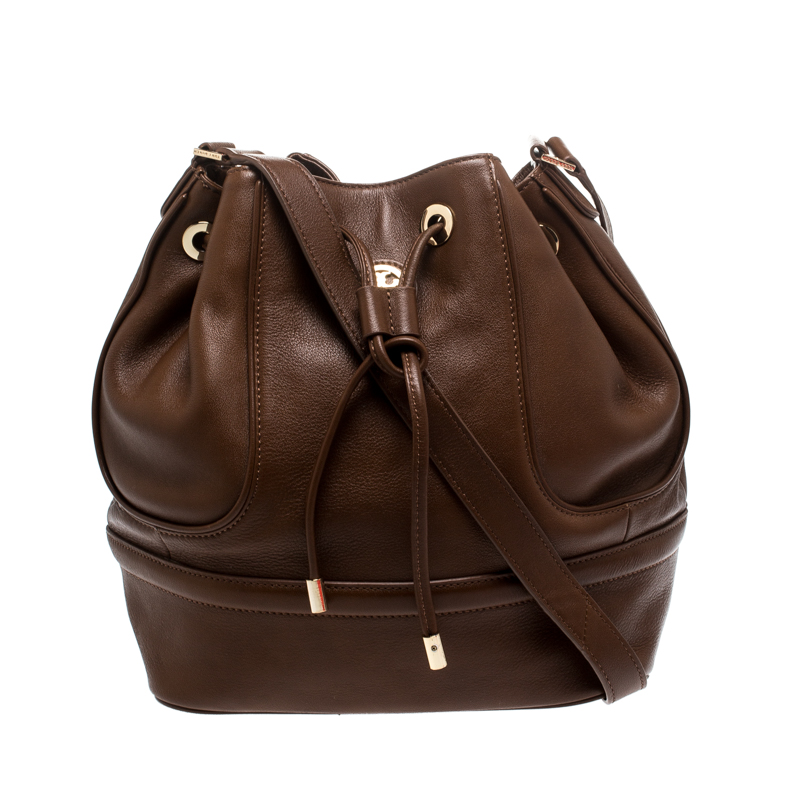 Pre Owned Tory Burch Brown Leather Drawstring Bucket Bag