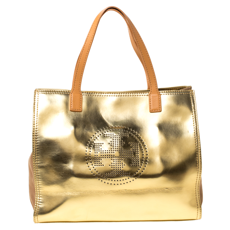 مملوكة مسبقًا Tory Burch Gold Patent Leather and Canvas Shopper Tote