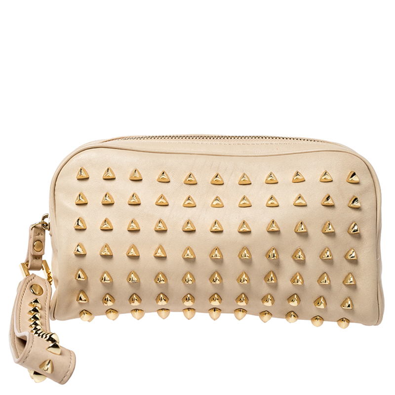 Pre Owned Tory Burch Beige Leather Studded Wristlet Clutch