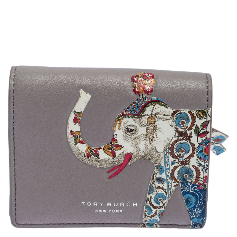 مملوكة مسبقًا Tory Burch Grey Leather Elephant Foldable Mini Wallet
