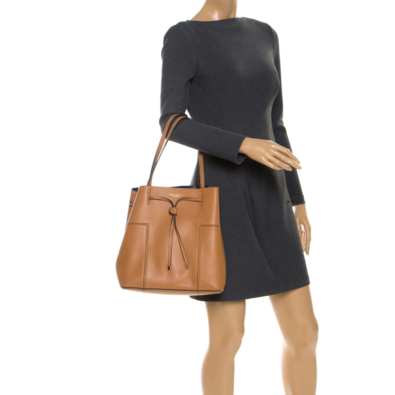 

Tory Burch Tan Leather Block-T Drawstring Tote