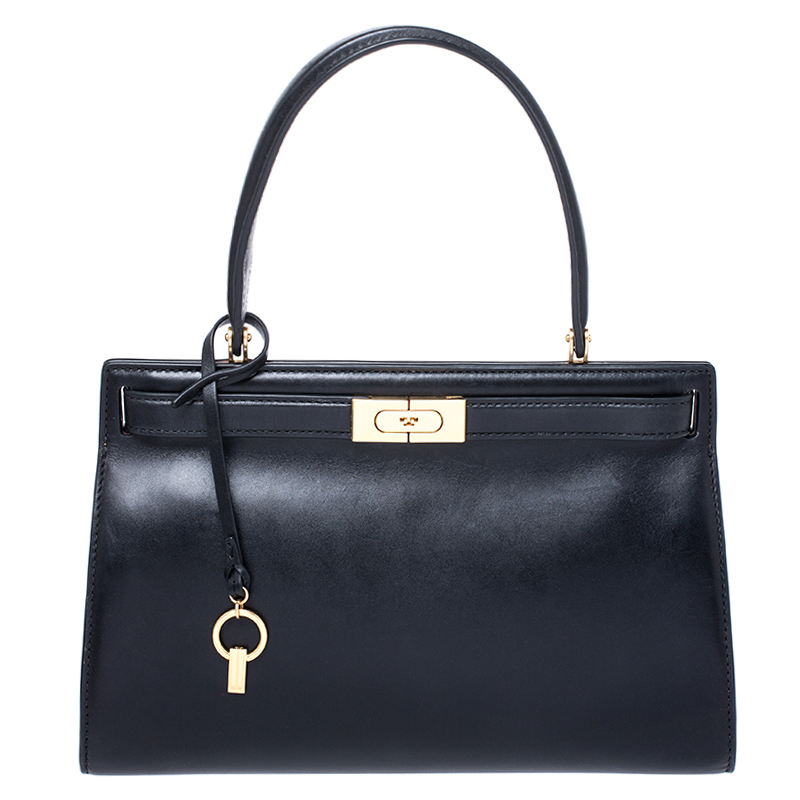 Pre Owned Tory Burch Black Leather Small Lee Radziwill Top Handle Bag