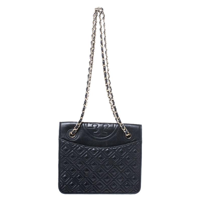 Pre Owned Tory Burch Black Leather Fleming Crossbody Bag