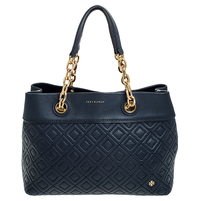 Pre Owned Tory Burch Blue Leather Small Fleming Tote