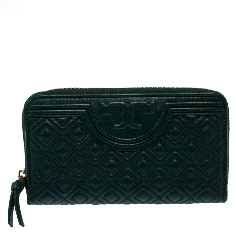 مملوكة مسبقًا Tory Burch Green Leather Fleming Zip Around Wallet
