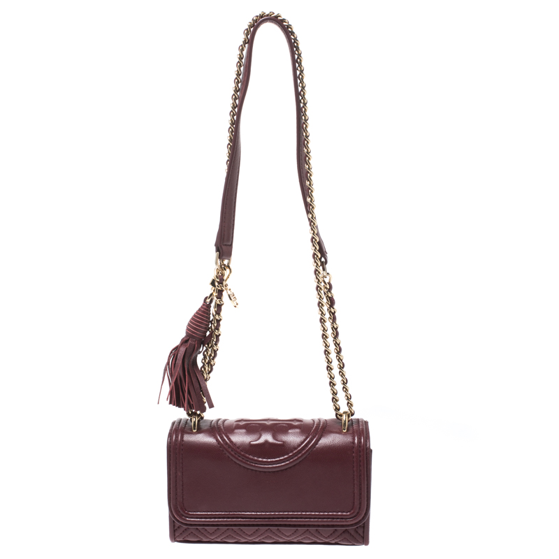 Pre Owned Tory Burch Burgundy Leather Mini Fleming Shoulder Bag