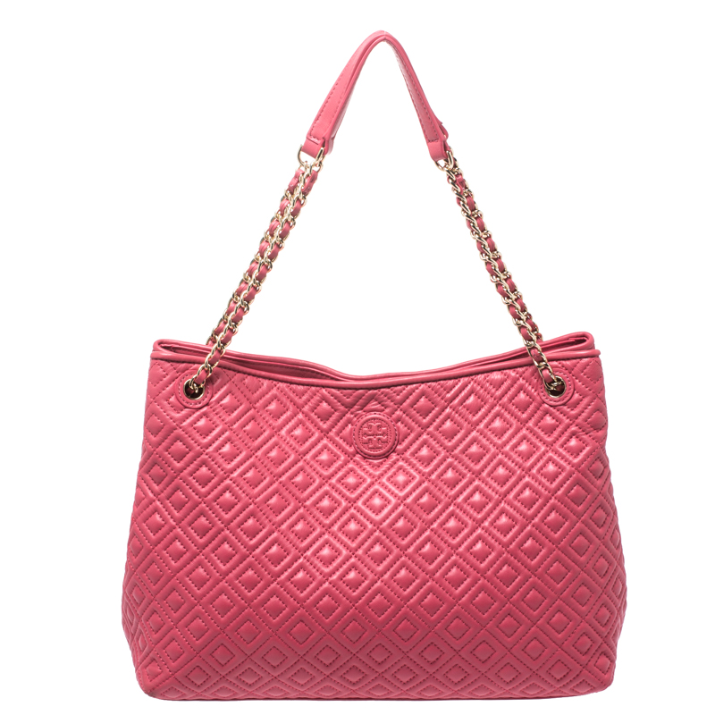 Pre-owned Tory Burch Coral Pink Quilted Leather Marion Chain Tote ...