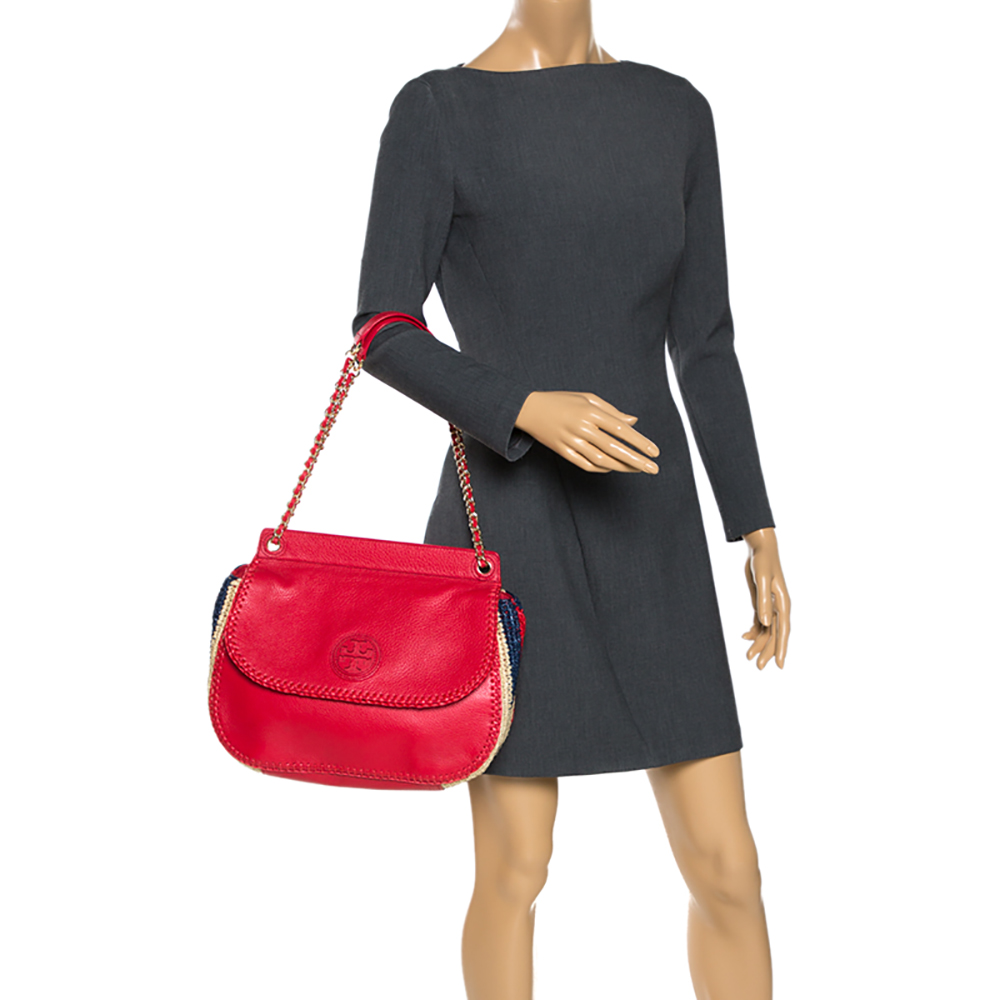 

Tory Burch Red Leather and Straw Marion Saddle Bag