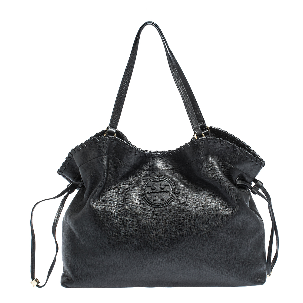 Pre-owned Tory Burch Black Leather Marion Slouchy Drawstring Tote