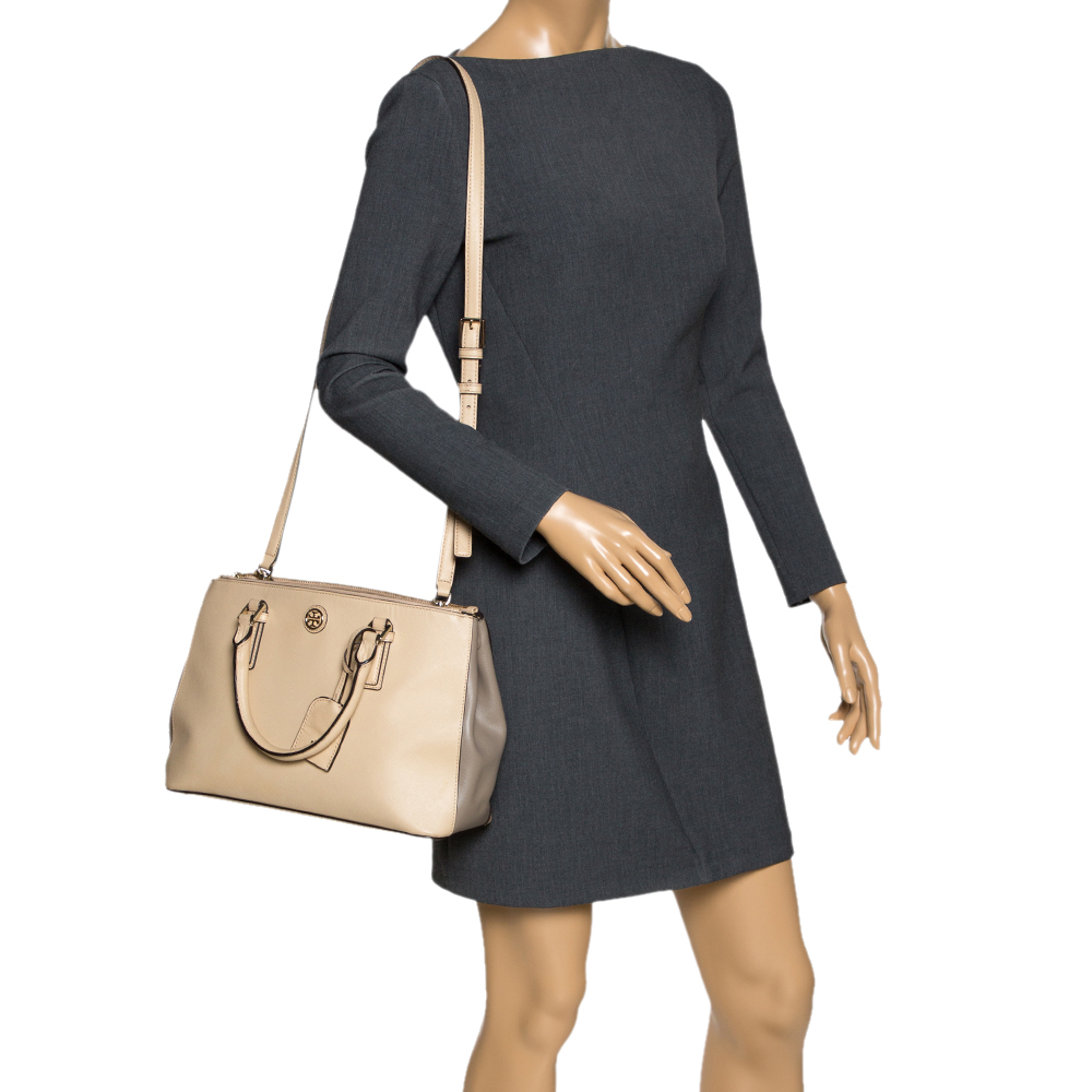 

Tory Burch Beige/Grey Leather Robinson Double Zip Tote
