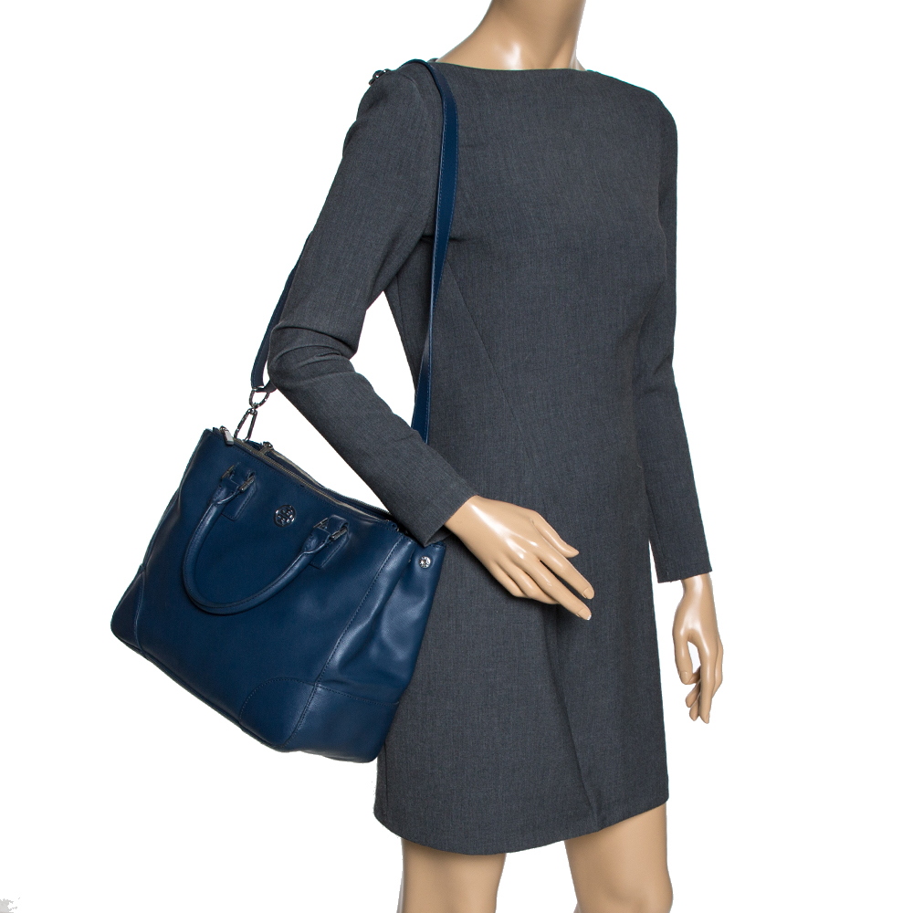 

Tory Burch Blue Leather Large Double Zip Robinson Tote