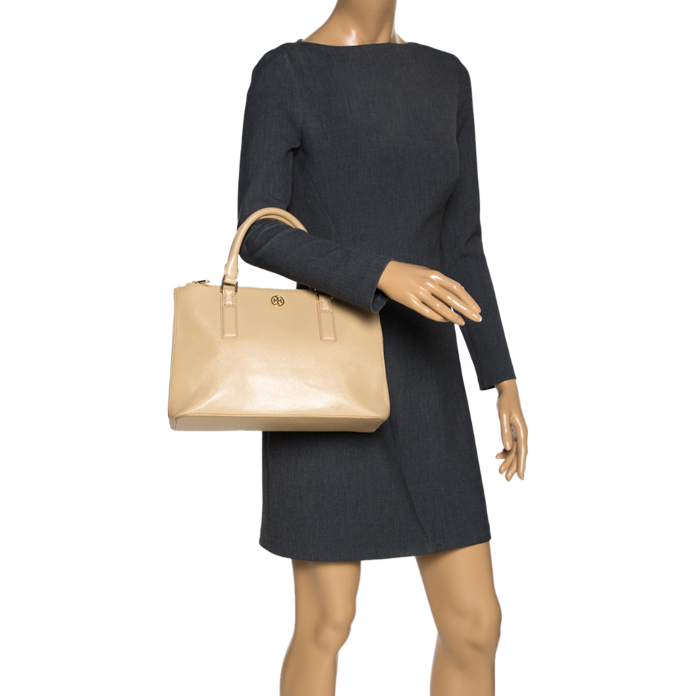 

Tory Burch Cream Saffinao Leather Double Zip Tote