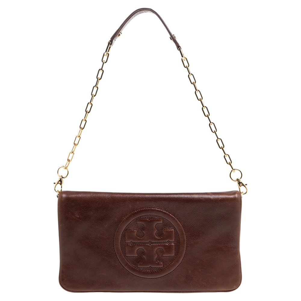 Tory Burch Dark Brown Leather Reva Bombe Chain Clutch Tory Burch | TLC