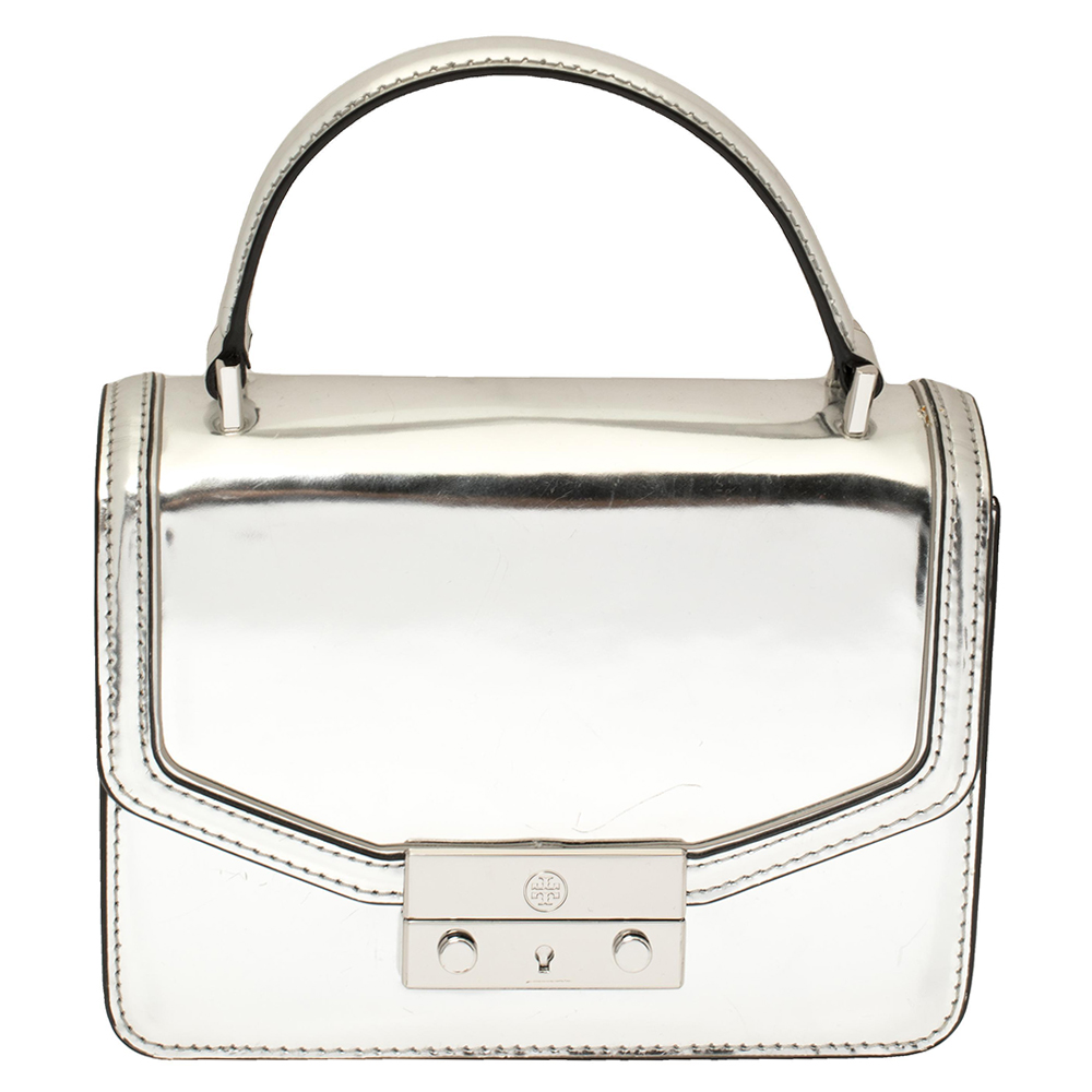 Pre Owned Tory Burch Metallic Silver Leather Mini Juliette Top Handle Bag Modesens