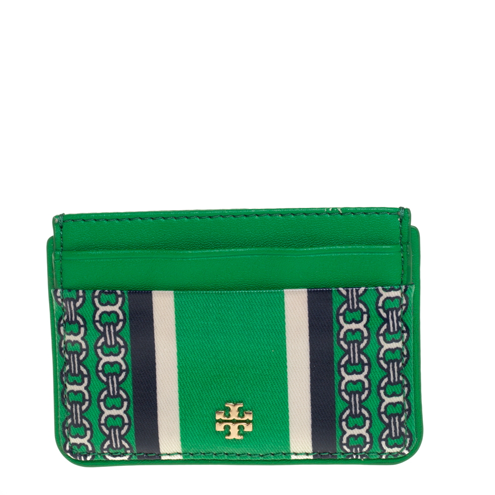 Pre-owned Tory Burch Green Coated Canvas Kira Card Holder