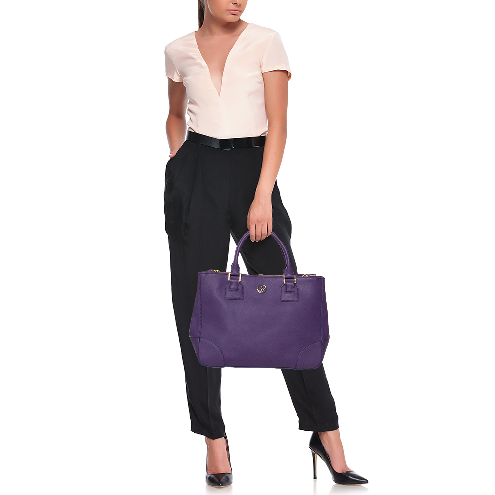 

Tory Burch Purple Leather Robinson Double Zip Tote