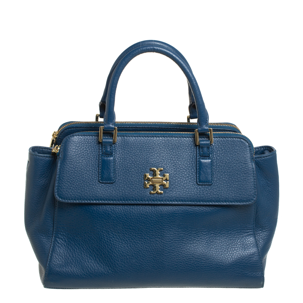 Pre-owned Tory Burch Blue Leather Mercer Double Zip Dome Satchel | ModeSens