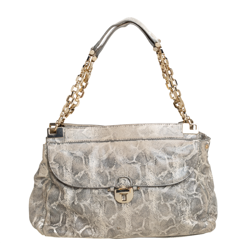 Pre-owned Tory Burch Cream Python Embossed Leather Simon Shoulder Bag