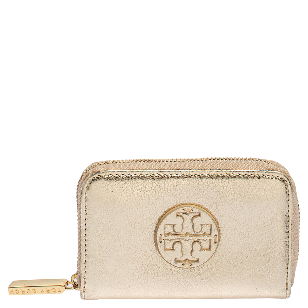 Pre-owned Tory Burch Gold Leather Zip Around Coin Purse