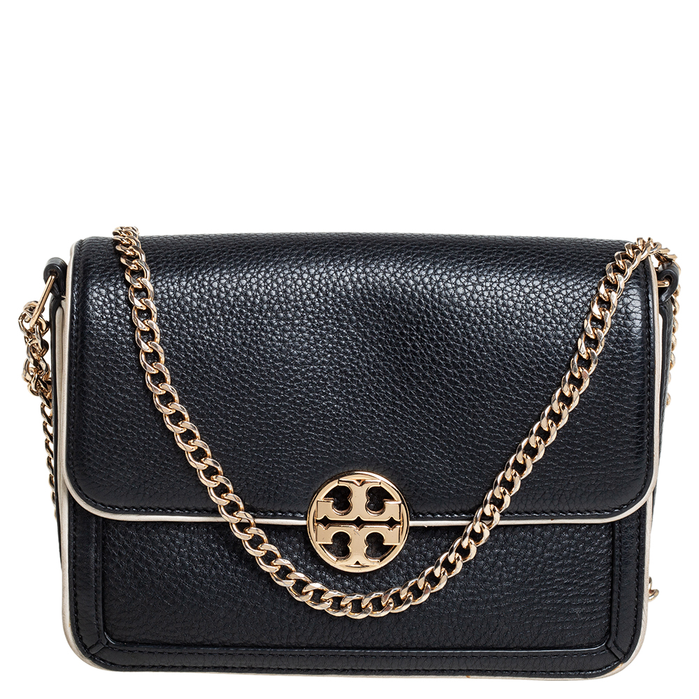 Pre-owned Tory Burch Black/cream Leather Convertible Chelsea Shoulder Bag