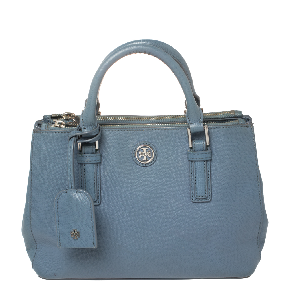 Pre-owned Tory Burch Blue Leather Mini Robinson Double Zip Tote