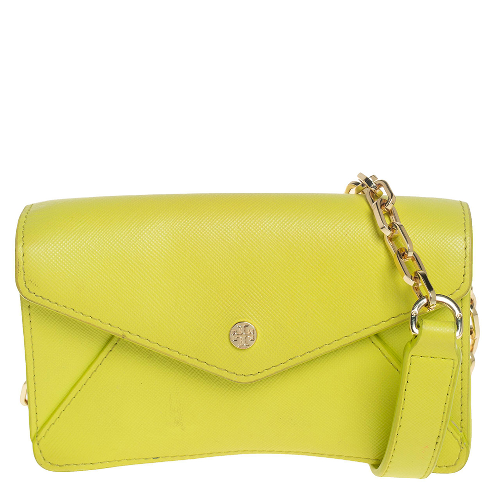 Pre-owned Tory Burch Lime Leather Envelope Flap Chain Crossbody Bag In Green