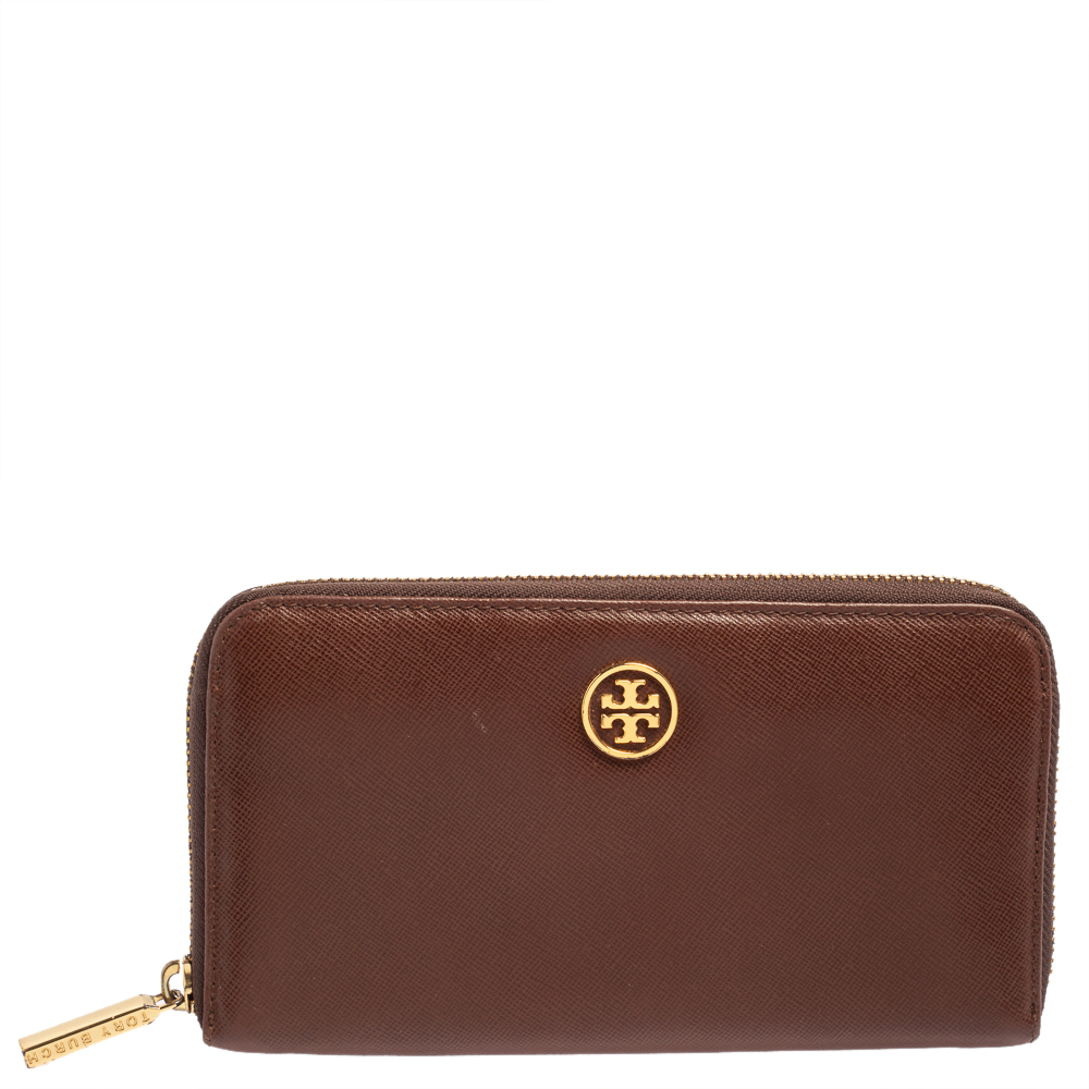 Pre-owned Tory Burch Brown Leather Robinson Zip Around Wallet