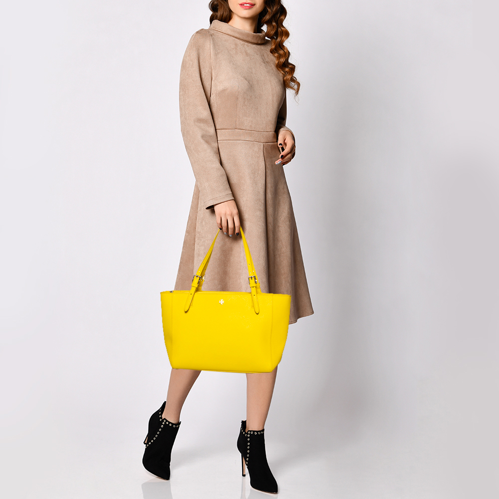 

Tory Burch Yellow Saffiano Leather York Buckle Tote