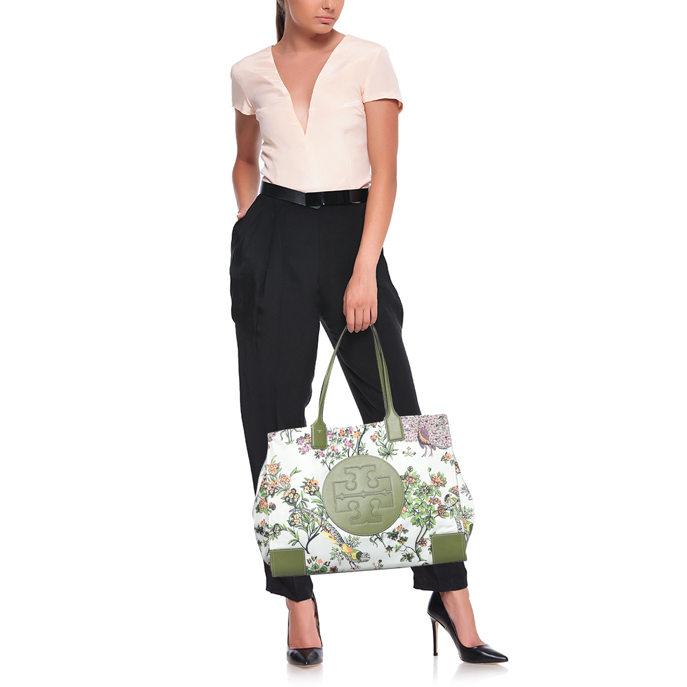 

Tory Burch Green/White Floral Print Nylon And Leather Ella Tote
