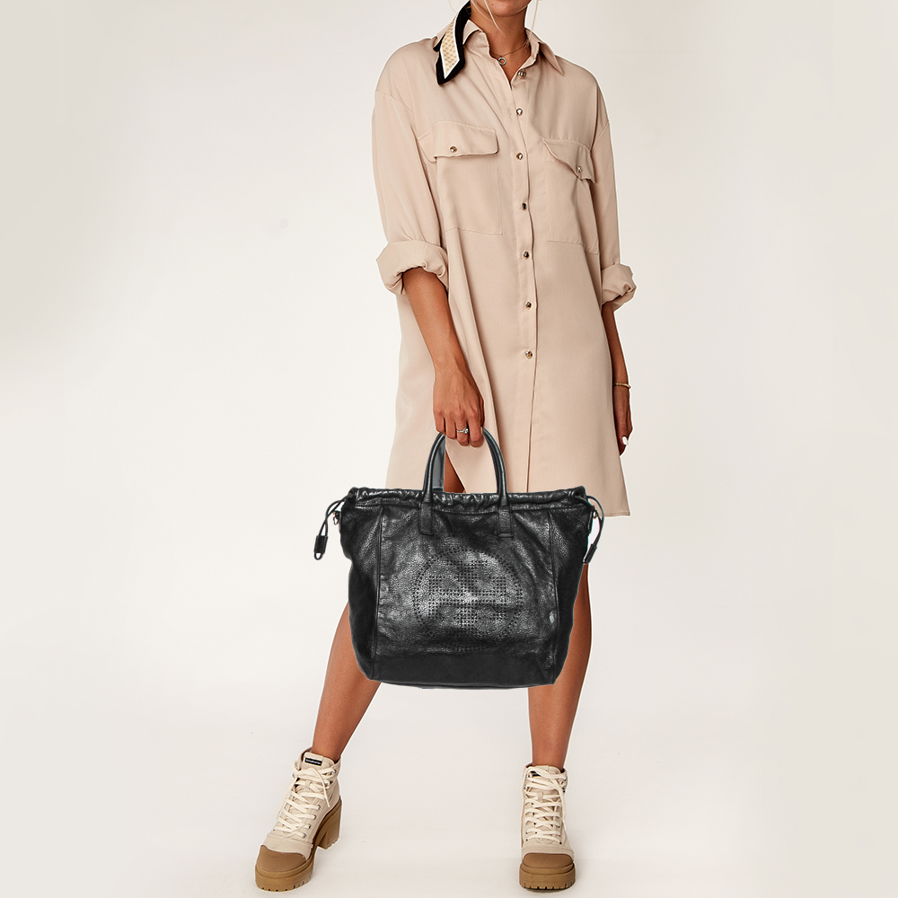 

Tory Burch Black Leather Perforated Logo Drawstring Tote