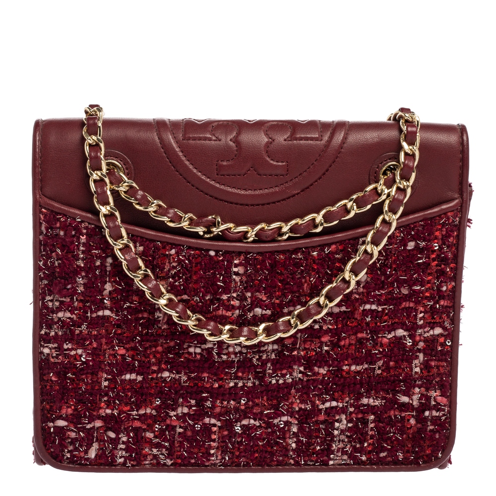 Pre Owned Tory Burch Burgundy  Leather and Tweed Medium Fleming Shoulder Bag